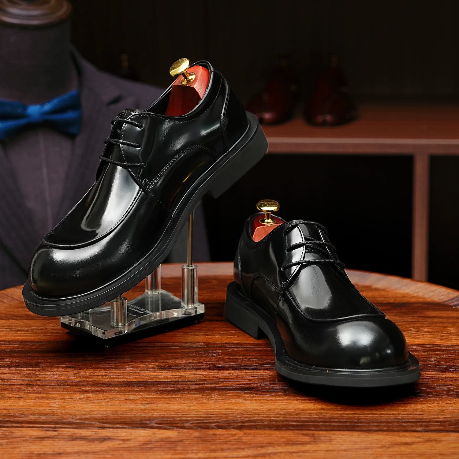 Men's Genuine Leather Derby Shoes, Round Toe, Glossy