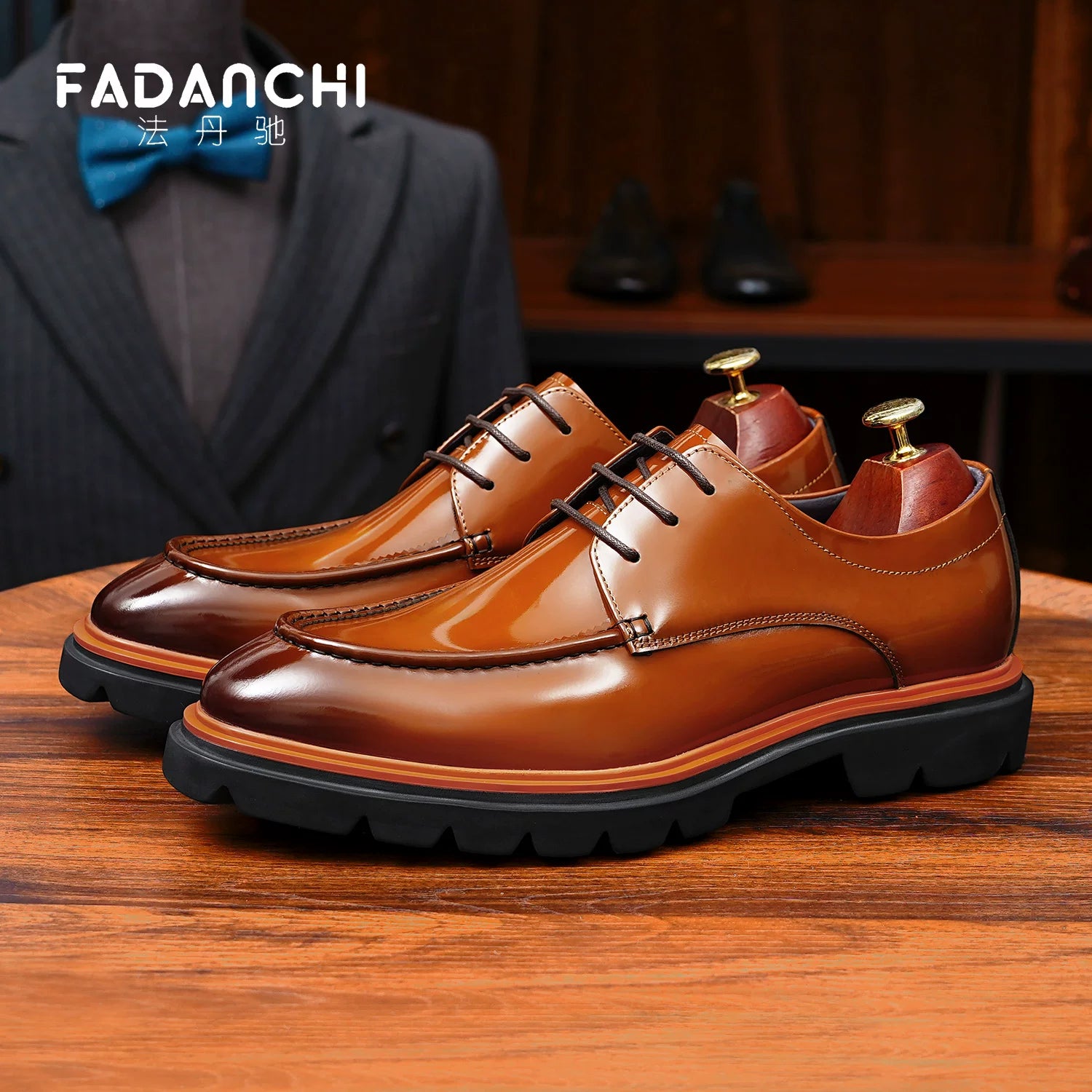 Men's Genuine Leather Derby Shoes, Height Increasing, Thick Sole
