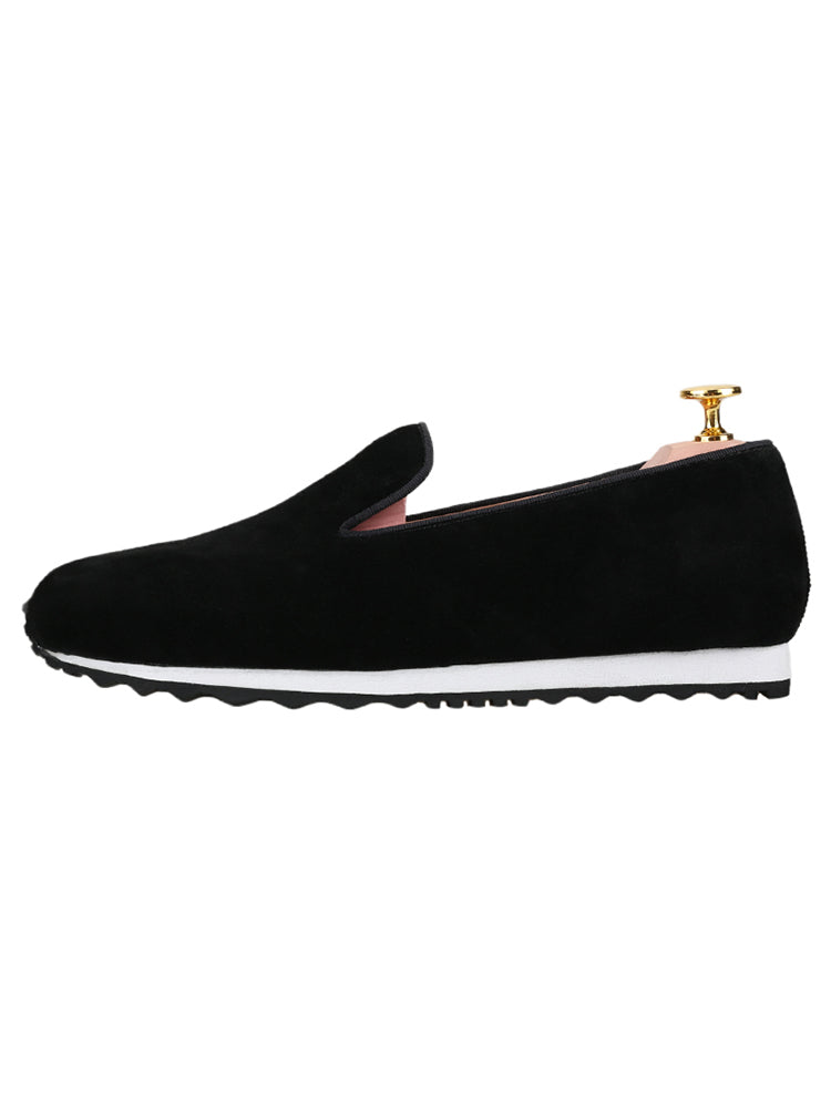 British style black suede men's dad shoes, classic everyday wear, black and white mixed color thick-soled slip-on casual shoes