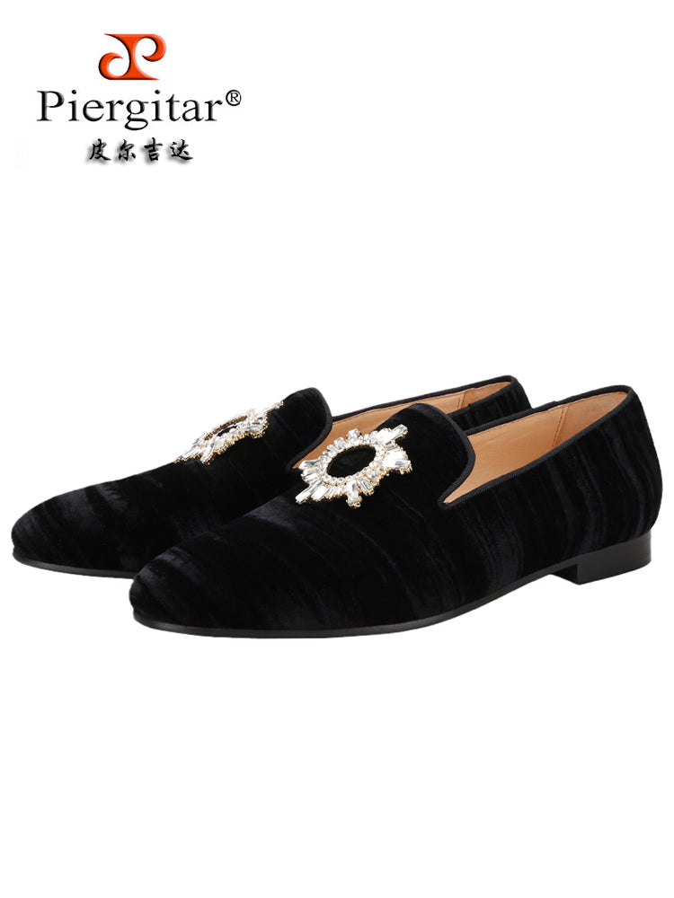 New imported gold diamond velvet men's slip-on loafers handmade rhinestone buckle casual formal shoes wedding party