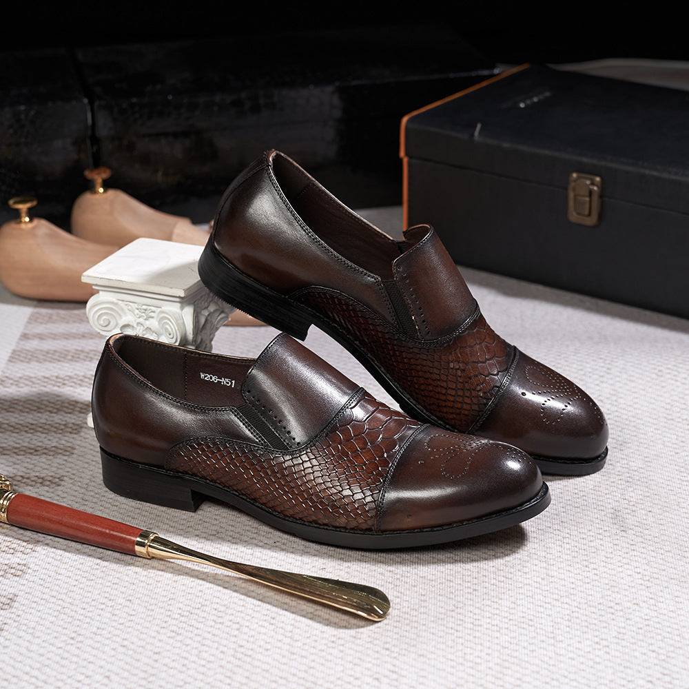 Trendy Business Formal Wear Leather Shoes Men's British Korean Snakeskin Embossed Loafers Top Layer Cowhide Slip-on Men's Shoes