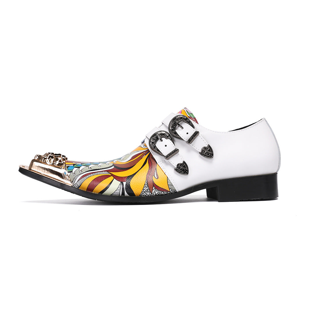 British leather shoes spring men's color matching white brown cowhide business casual single shoes Brock engraved retro formal men's shoes