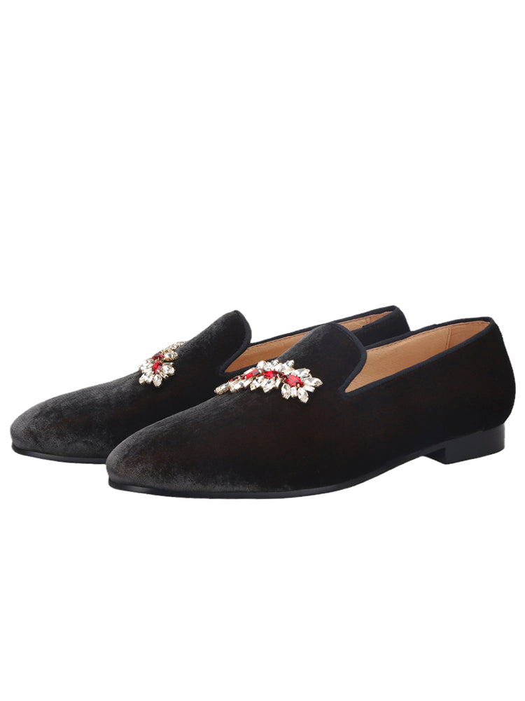 Imported gray and red velvet men's yuppie loafers metal rhinestone buckle slip-on smoking shoes loafers wedding banquet