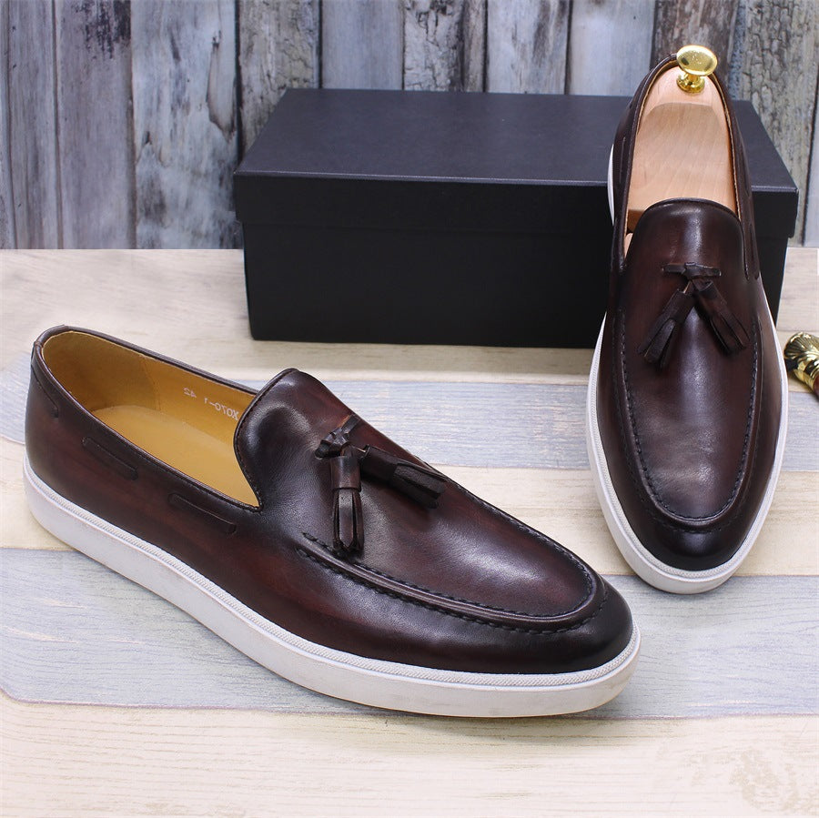 Summer Leather Shoes Men's Casual Leather Shoes Leather Breathable Men's Tassel Loafers Slip-on Daily Flat Sneakers
