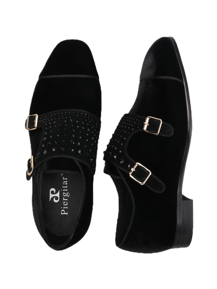 Luxurious trendy black velvet men's double buckle shoes, artificial crystal decoration, comfortable slip-on business loafers