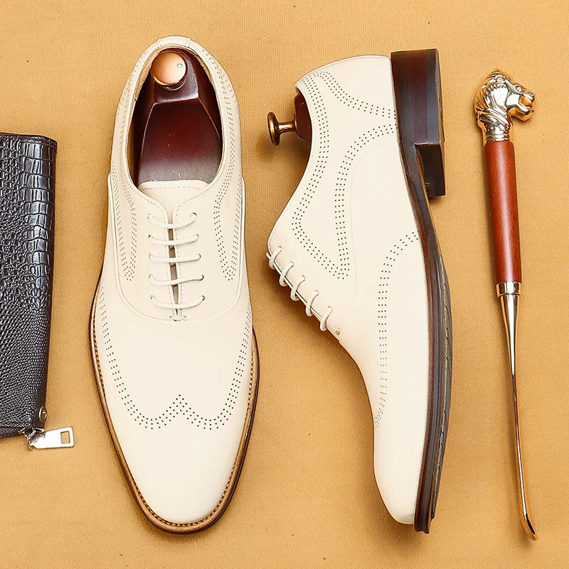 Men's White Genuine Leather Leather Shoes, British Style, Business