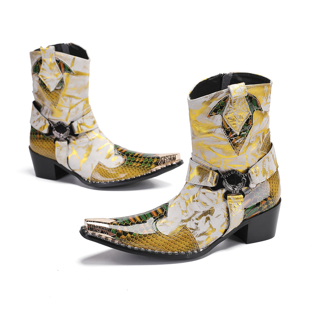 New Chelsea European and American high street catwalk personality Martin classic mid-tube cowboy trendy men buckle high-heeled cowhide boots