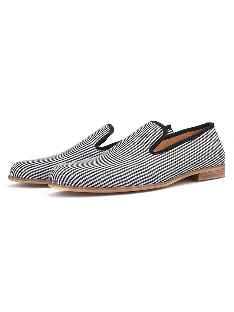 Black and white striped handmade men's slip-on loafers British style casual trendy smoking shoes wooden heel genuine leather lining