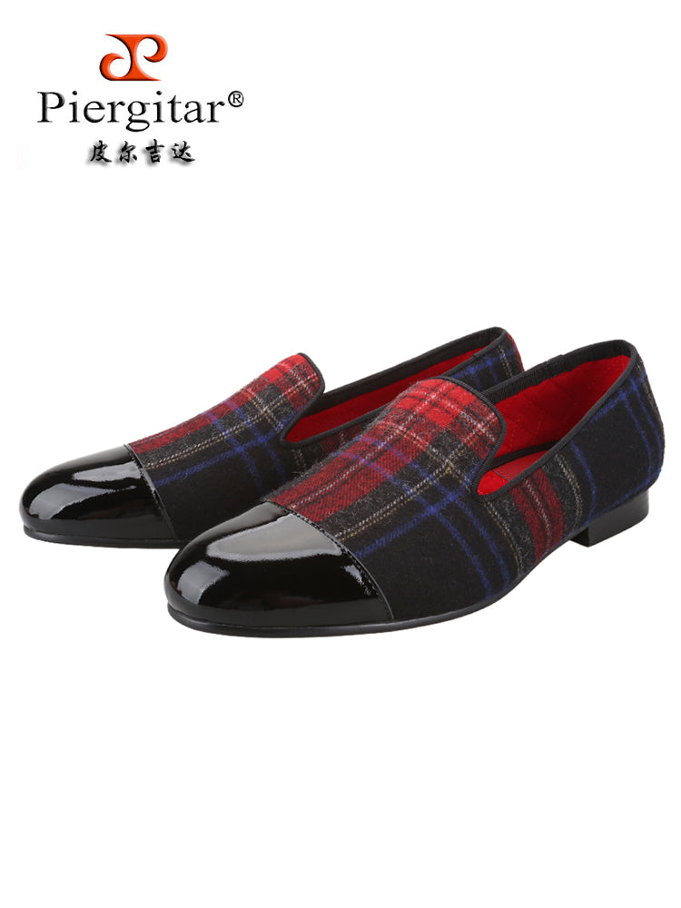 Autumn and winter classic plaid wool stitching black patent leather toe men's loafers British style slip-on smoking shoes