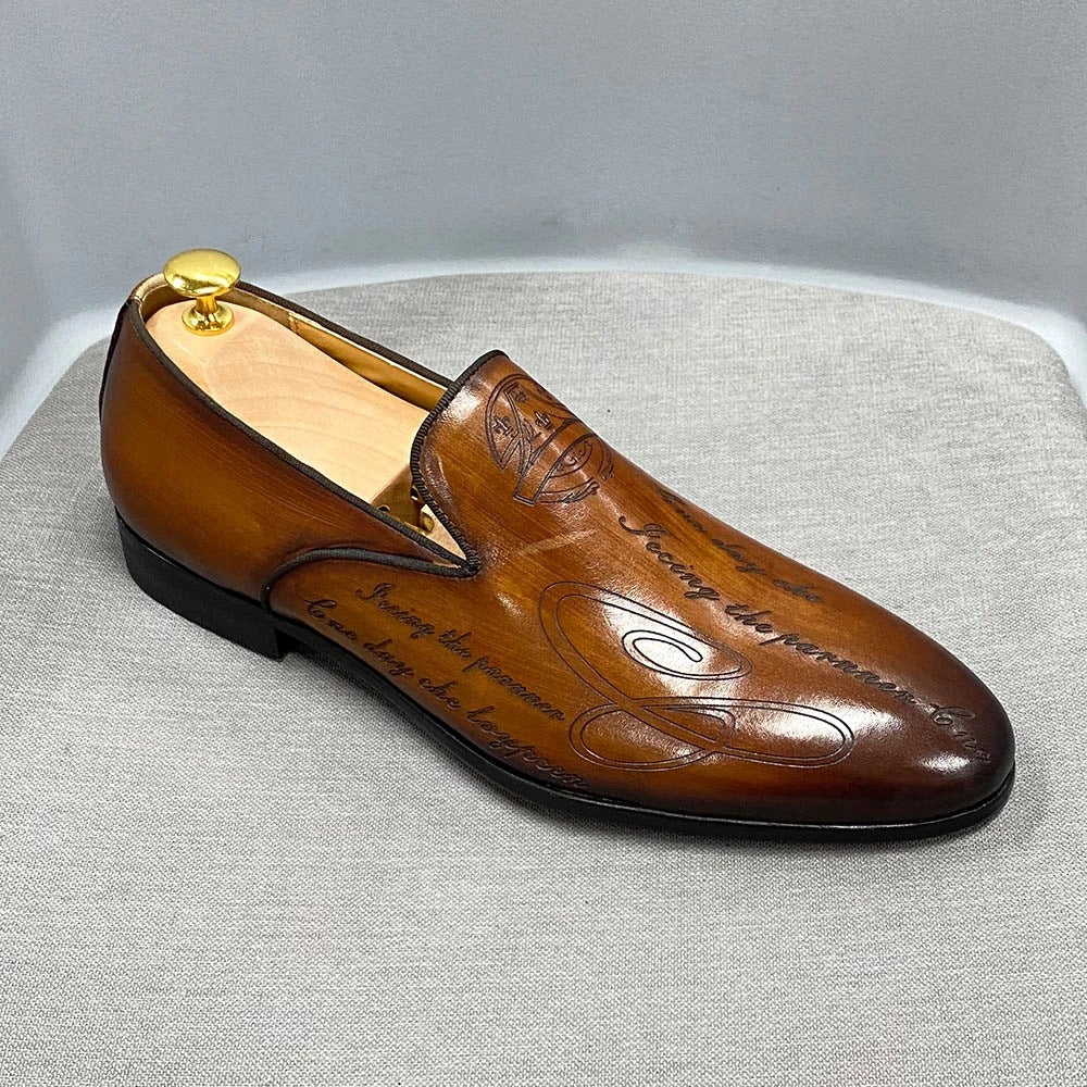 Italian Style Hand-Painted Letters Men's Shoes Genuine Leather Dress Shoes Men's Loafer Slip-on Business Casual Pumps
