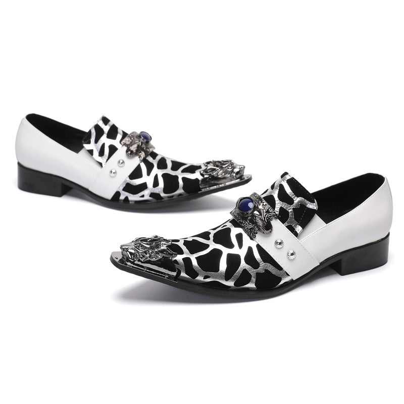 White leather shoes for men, Korean style casual men's slip-on hairstylist wedding shoes, pointed toe slip-ons, heightening formal business shoes