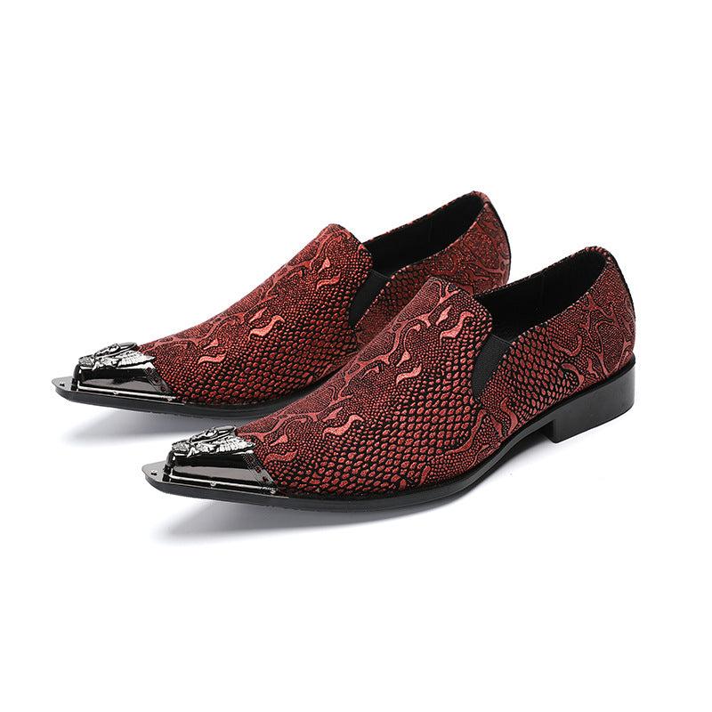 Men's Red Shoes – Pointed Toe, Crocodile Pattern – Style 69