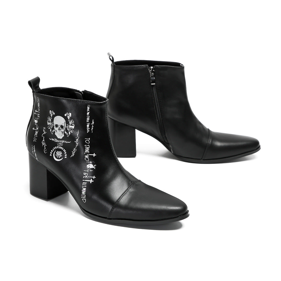 Foreign trade riding boots cowhide short boots men's Roman heightening leather boots printed trendy shoes black Roman fashion men's boots personality