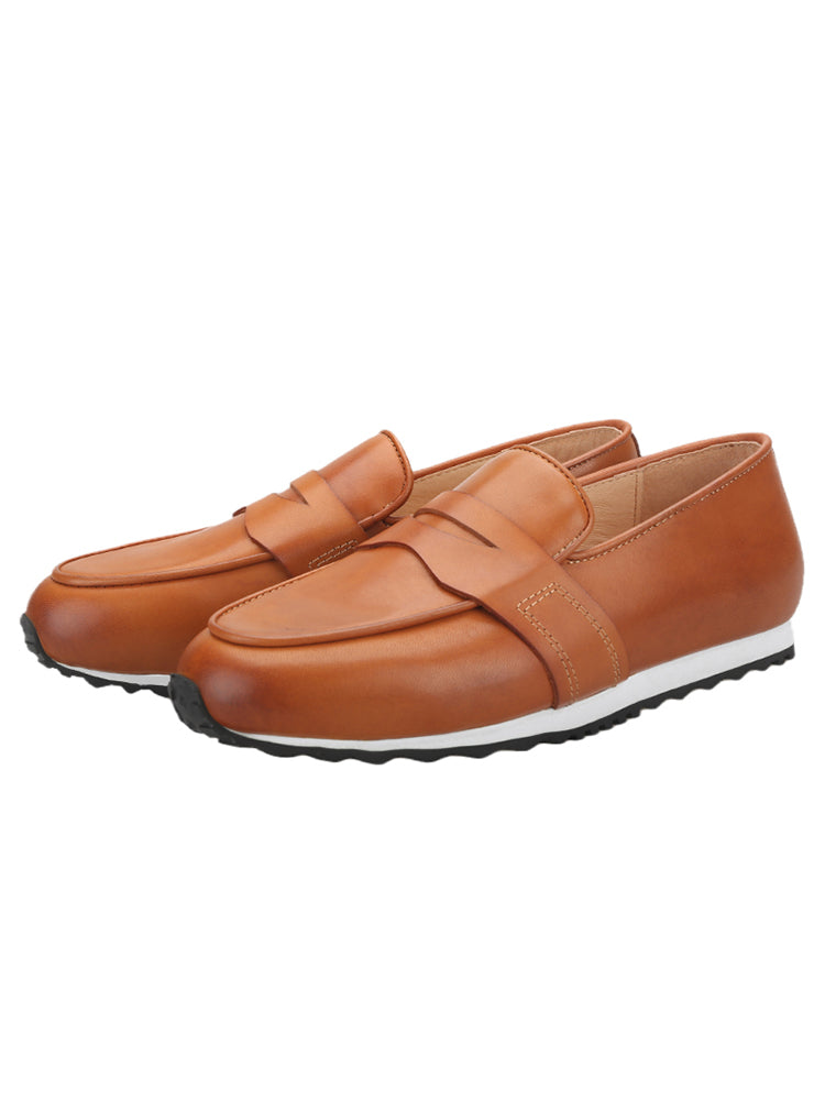 Brown rubbed calf leather Belgian style men's dad shoes handmade black and white non-slip thick sole casual sports shoes