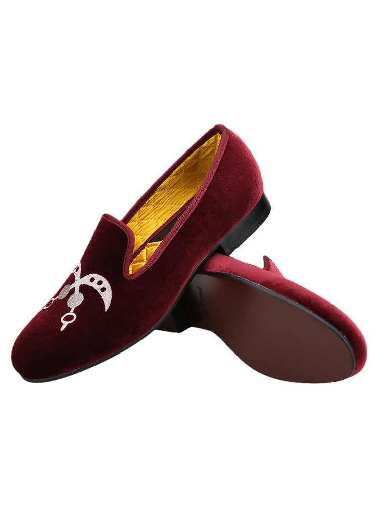 European and American style imported burgundy red silk velvet smoking shoes wedding party formal wear with embroidered loafers for men