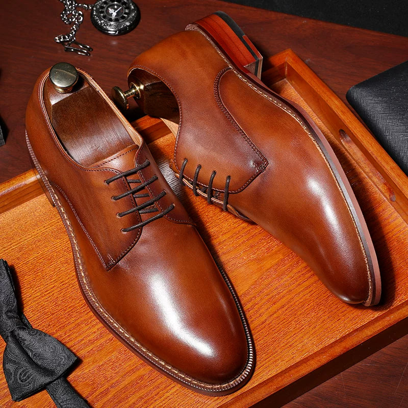 Men's Brown Genuine Leather Leather Shoes, Height Increasing, Handmade