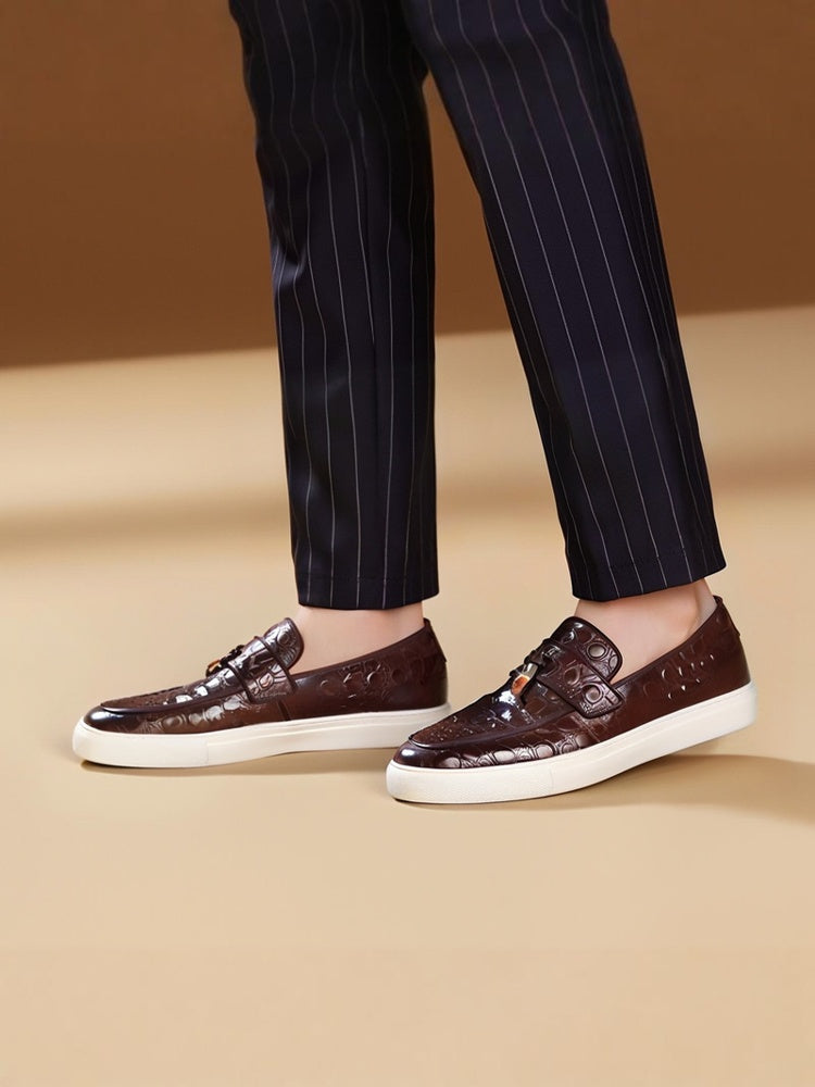 Handmade brown stone pattern embossed white outsole shoes European and American style metal tassel slip-on loafers for men
