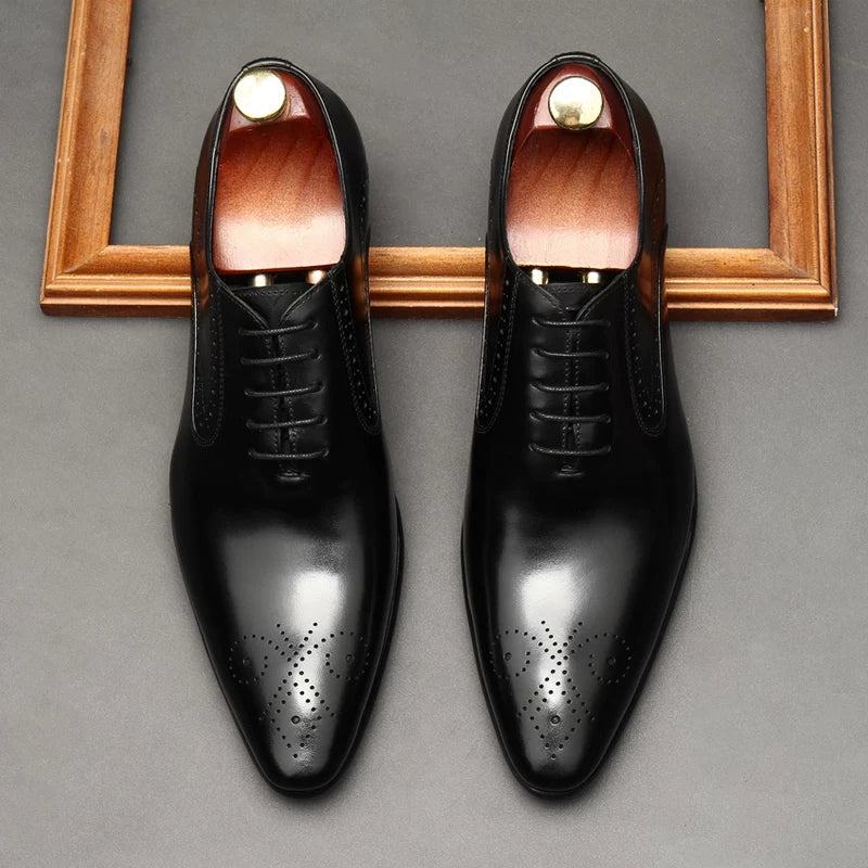 Men's Genuine Leather Derby Shoes, Pointed Toe, Lace-Up