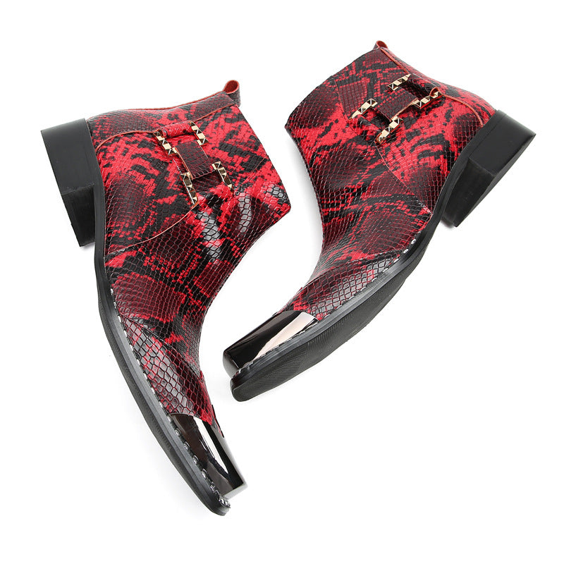Red Business Chelsea Short Boots Men's Snakeskin Pattern Cowhide Pointed High Top Leather Shoes Fleece Warm Dress Leather Boots