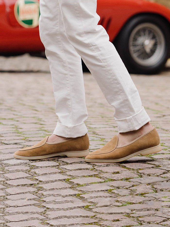 Italian classic design men's loafers nubuck leather stitching cowhide casual shoes natural rubber non-slip thick soles