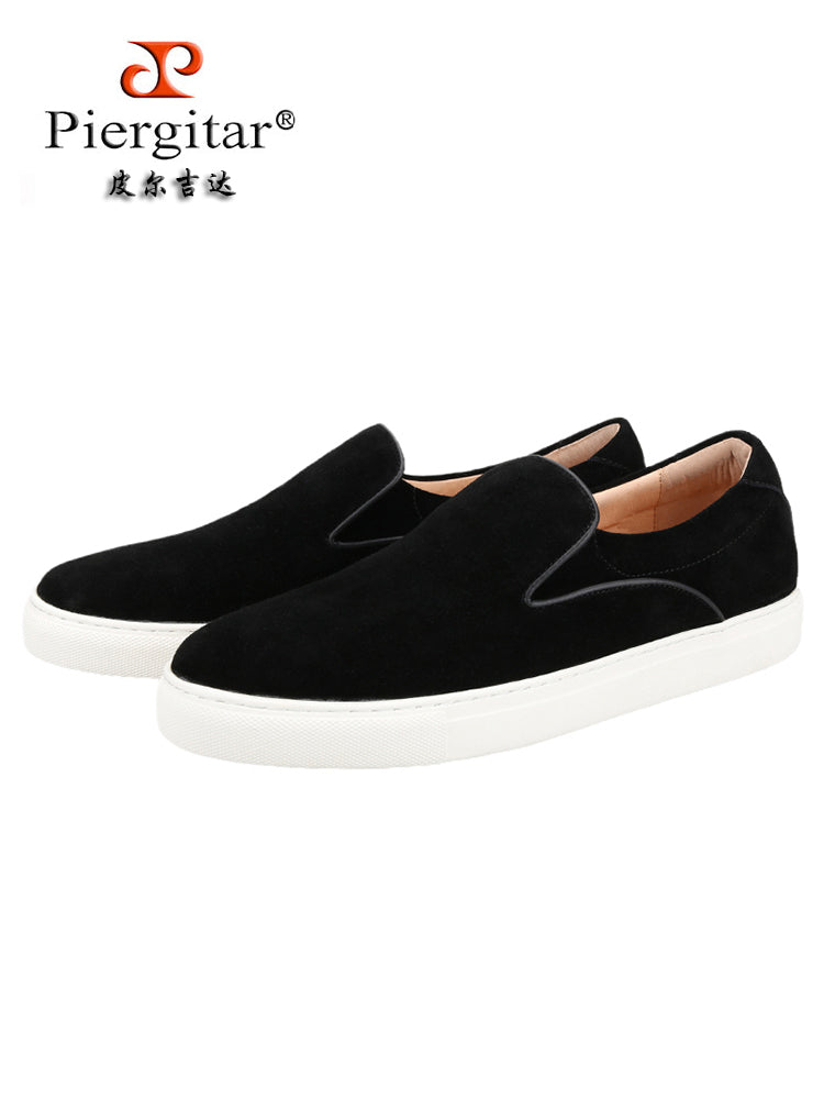 Black nubuck leather and white cowhide men's casual sneakers, genuine leather breathable lining, slip-on white platform shoes
