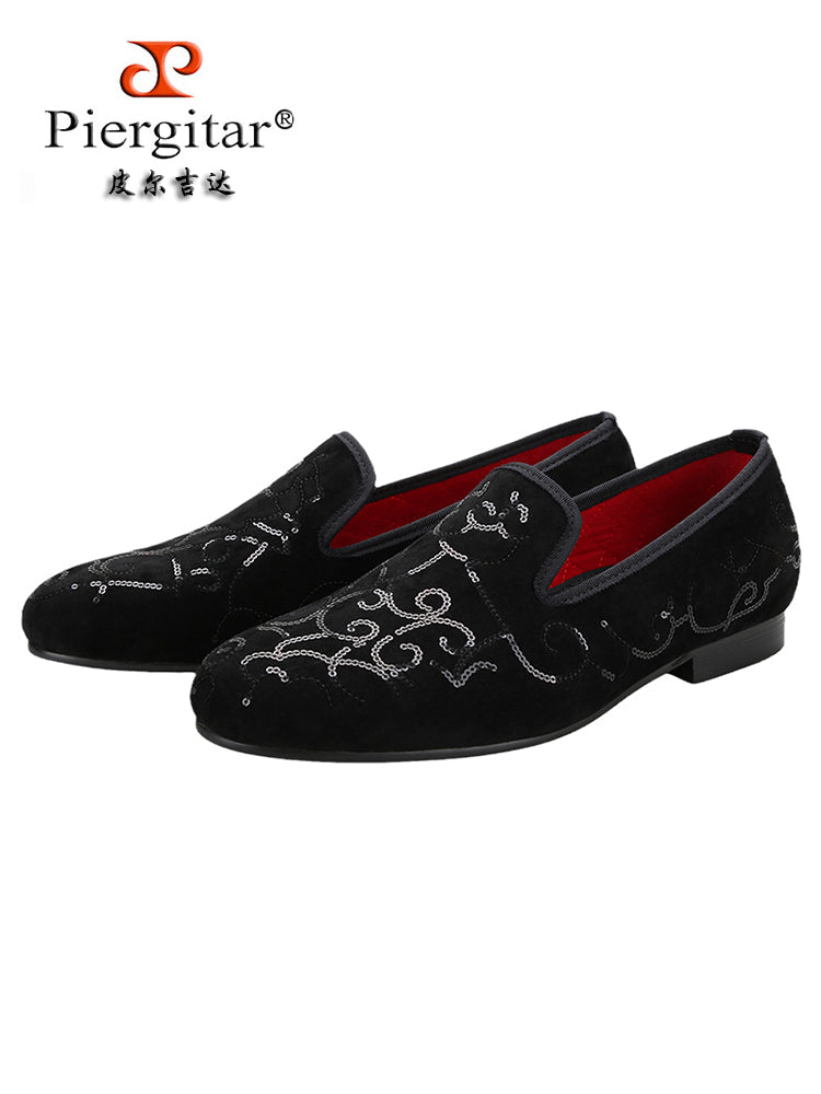 Luxurious Australian hand-sewn sequined velvet loafers for men, European and American trendy low-cut slip-on shoes