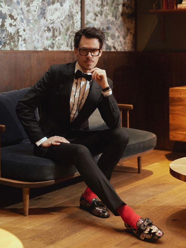 Chinese style floral print silk men's slip-on loafers are exported to Europe and the United States genuine leather bow smoking shoes for men