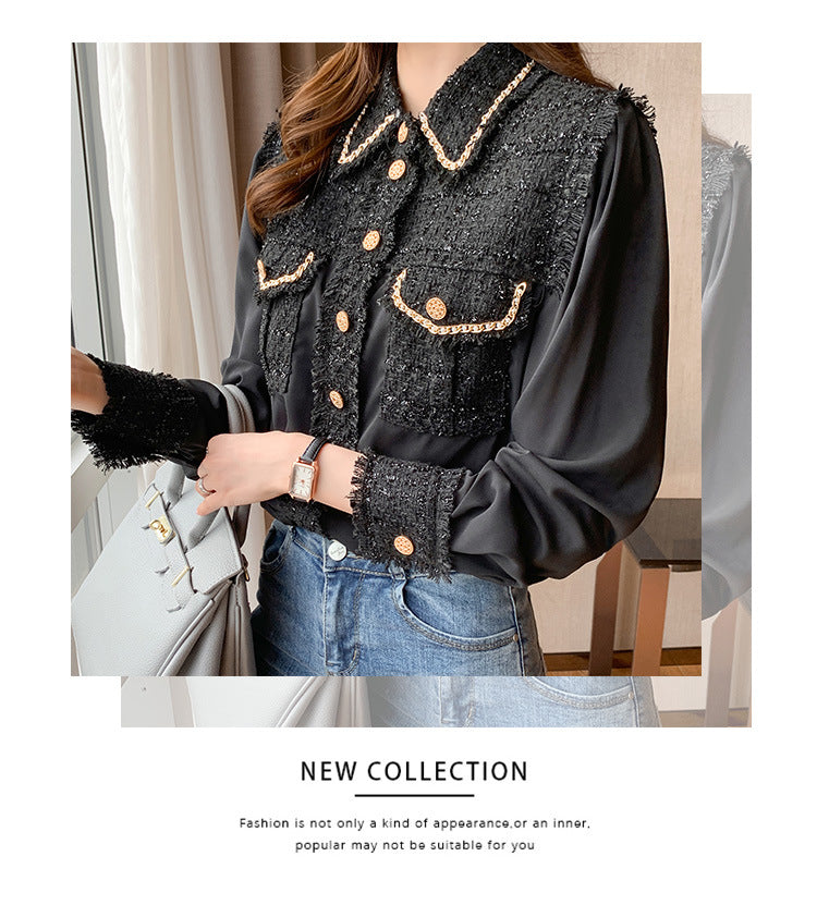 2024 autumn new design sense niche foreign style long sleeve heavy silk shirt women's small fragrant top