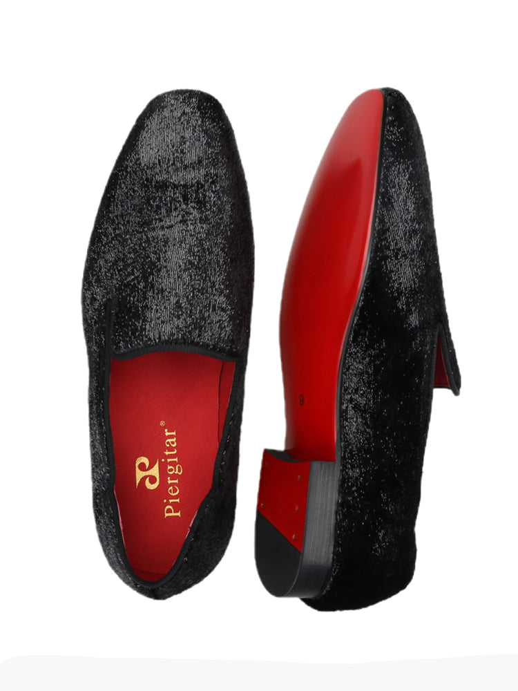Black velvet gold and silver men's slip-on loafers European and American luxury fashion big-name square-toe red-soled shoes for men