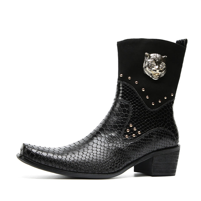 2025 catwalk style belt buckle French boots cowhide low heel men's knight boots European and American street cowhide boots
