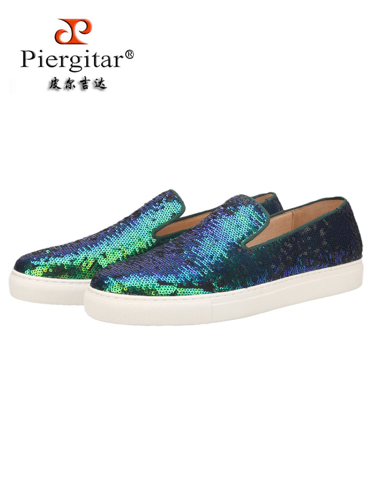 Pilgida sequined casual shoes, white thick-soled loafers, blue and green, heightening, versatile men's shoes, large size