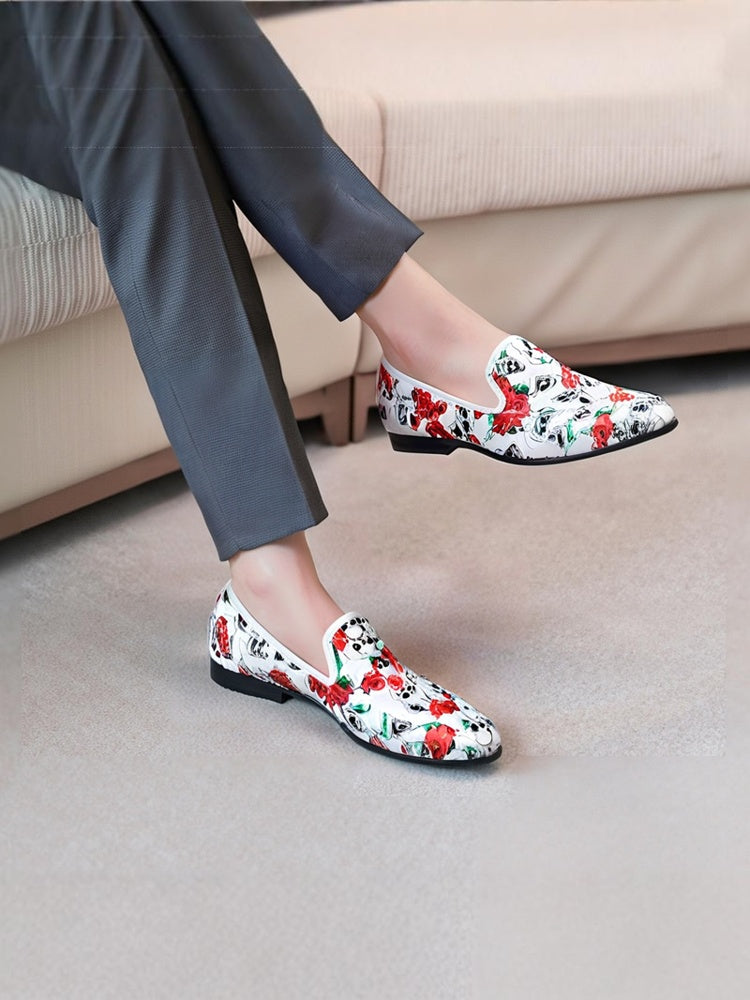 New skull mixed print white men's loafers European and American trendy banquet formal shoes single shoes for men