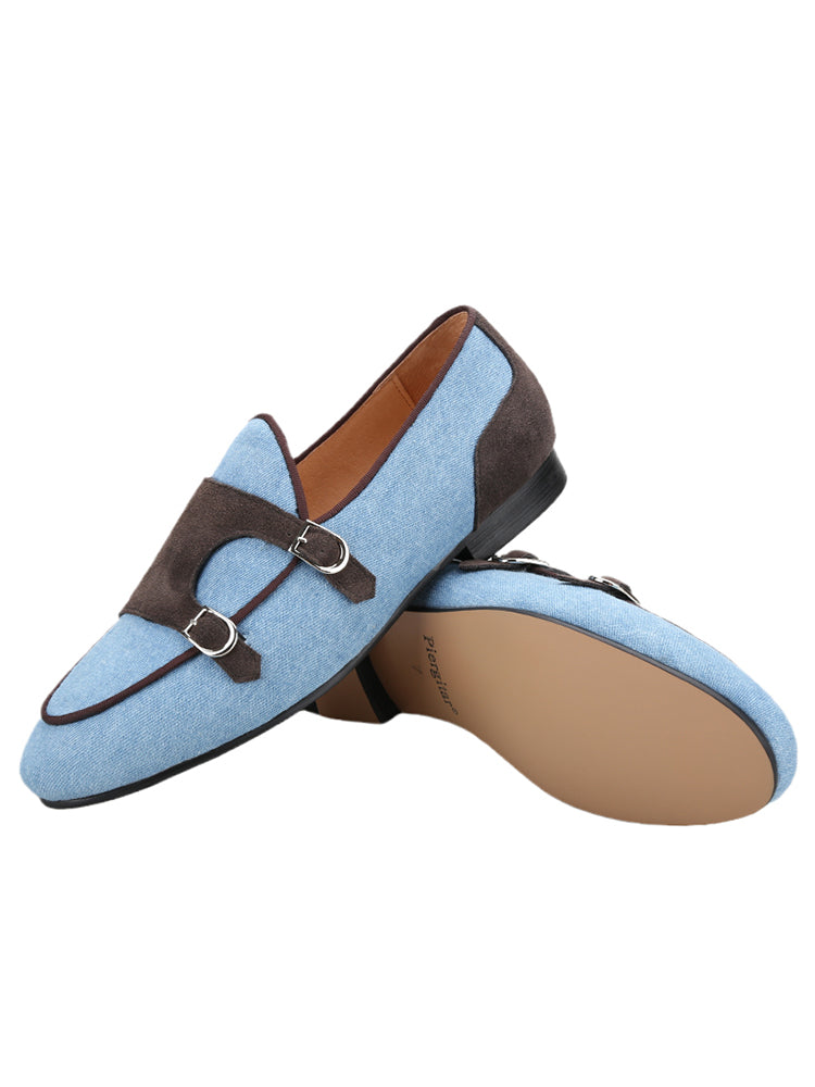Washed denim cloth splicing frosted leather double Munch shoes handmade custom one-pedal Belgian loafers men