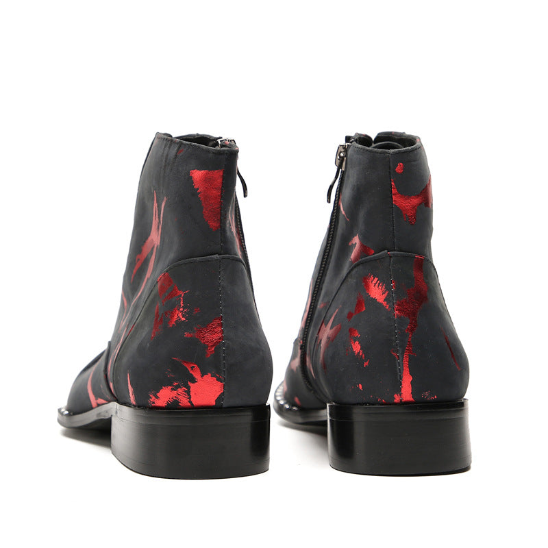 Men's leather thick-soled casual Martin boots lace-up British inner heightening business pointed-toe short boots plus velvet high-top leather shoes