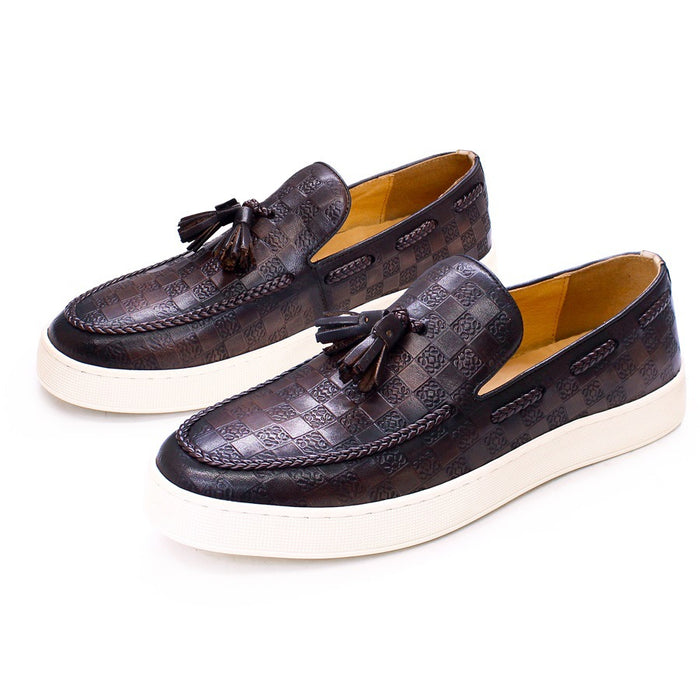 2025 Men's Casual Leather Shoes Genuine Leather Retro Tassel Loafers Everyday Joker Slip-on Flat Panel Pumps