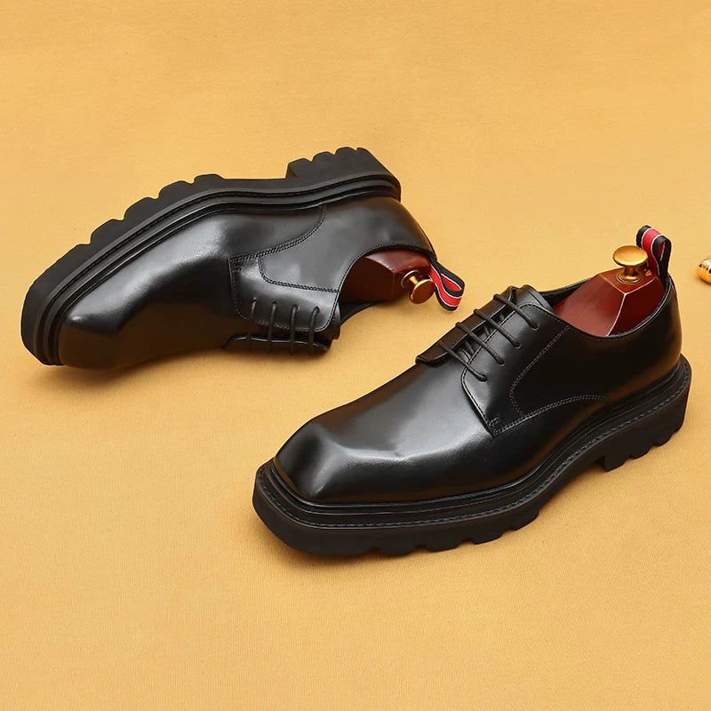 Men's Black Genuine Leather Derby Shoes, Height Increasing, Thick Sole