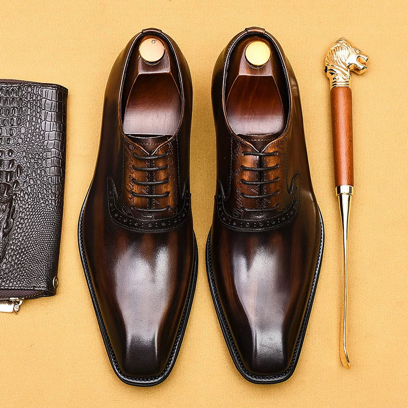 Men's Brown Genuine Leather Oxford Shoes, Pointed Toe, British Style
