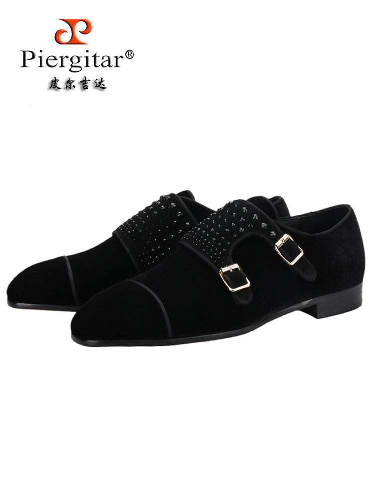 Luxurious trendy black velvet men's double buckle shoes, artificial crystal decoration, comfortable slip-on business loafers