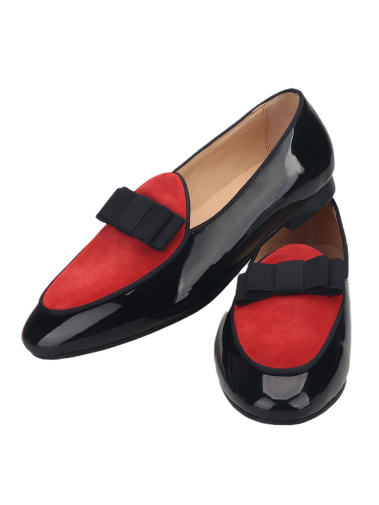 British yuppie style patent leather splicing suede handmade men's loafers wedding banquet formal bow slip-on smoking shoes