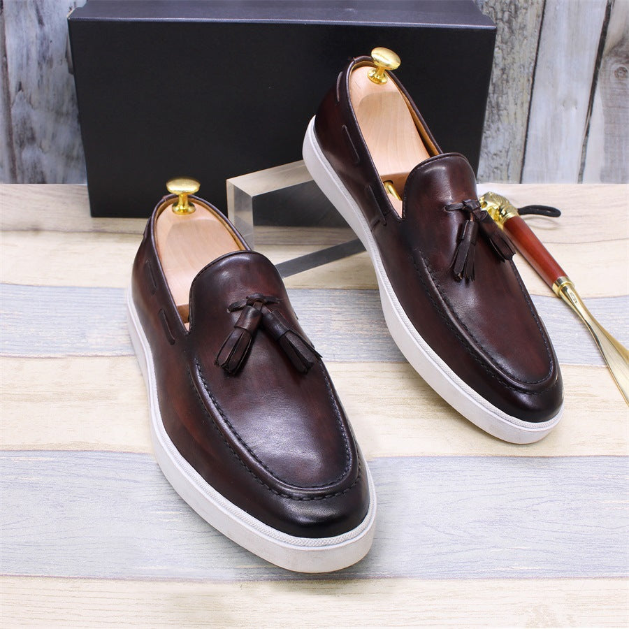 Summer Leather Shoes Men's Casual Leather Shoes Leather Breathable Men's Tassel Loafers Slip-on Daily Flat Sneakers