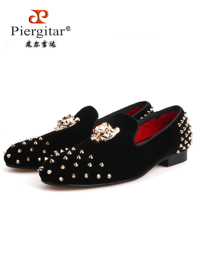 New European and American big-name PP tiger head buckle men's loafers handmade front and rear rivets velvet slip-on shoes