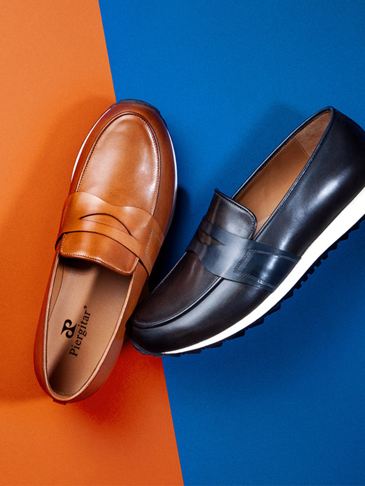 Brown rubbed calf leather Belgian style men's dad shoes handmade black and white non-slip thick sole casual sports shoes