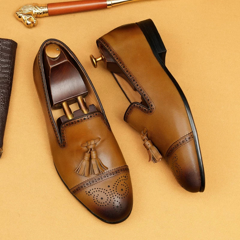 Men's Genuine Leather Loafers, Slip-On, Brogue