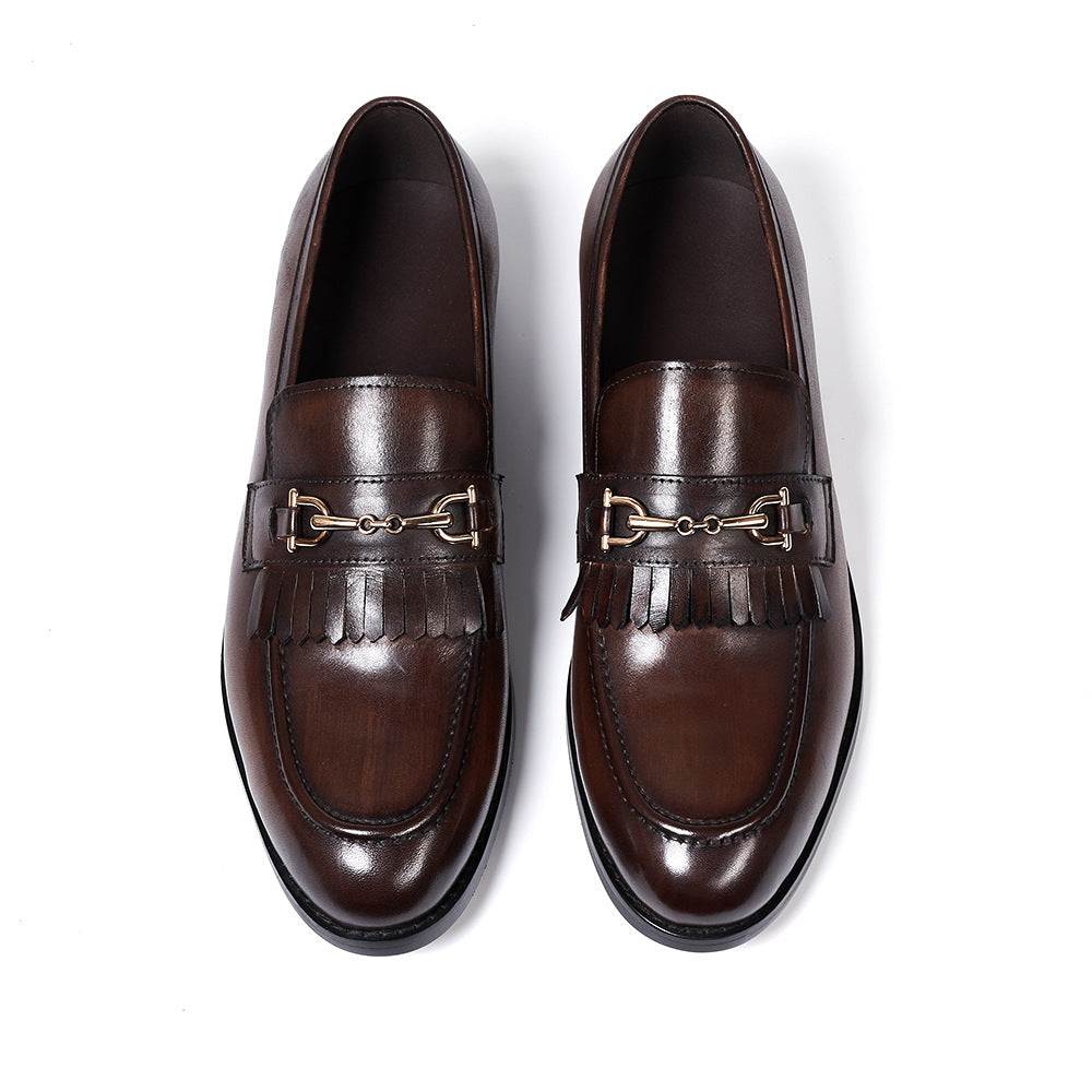 Classic Retro First Layer Cowhide Black Leather Shoes Men's Tassel Business Suit Summer Slip-on Men's Loafers