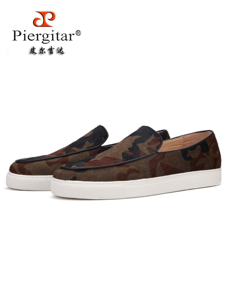 Brown and black camouflage horse hair men's slip-on sports white-soled shoes with leather lining, breathable casual sneakers, large size