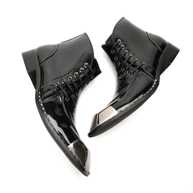 European and American cowhide business high-top leather shoes men's short boots British trend Martin boots pointed toe brogue carved men's boots