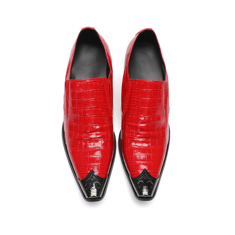 Men's summer breathable red leather shoes British business casual shoes Korean style pointed toe lazy slip-on men's shoes