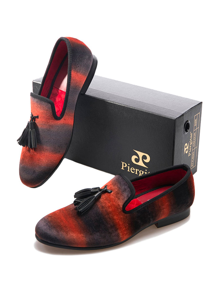 Red and black mixed color imported velvet men's handmade loafers European and American party nightclub slip-on cowhide tassel shoes