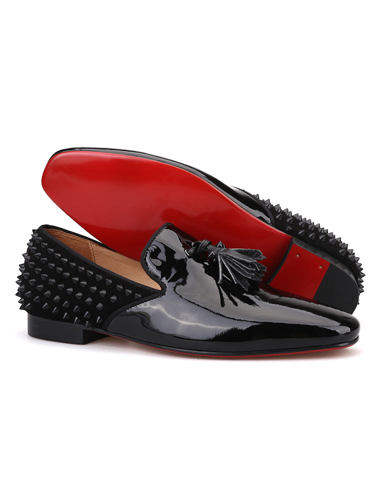 European and American style handmade patent leather yuppie shoes men's red sole shoes with tassels and rivets matching loafers