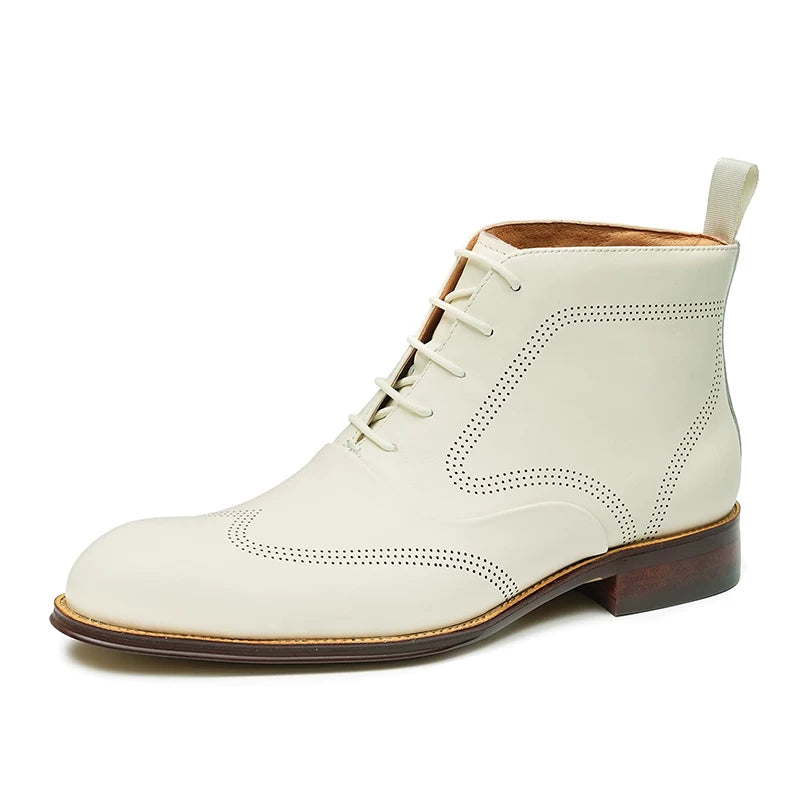 Men's White Genuine Leather Martin Boots, British Style, Business